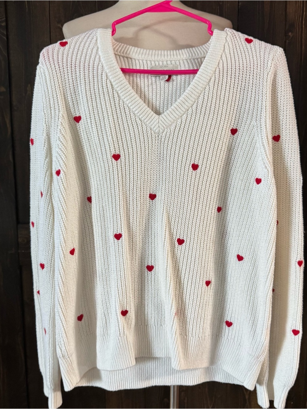 Women’s Lucky Brand Red Embroidered Heart V Neck Sweater White Large